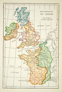 1916 Print Map Angevins Irish Channel Empire Brittany Champagne France XENA3