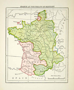 1916 Print Map France Treaty Bretigny Spain Empire Savoy Guinne Brittany XENA3