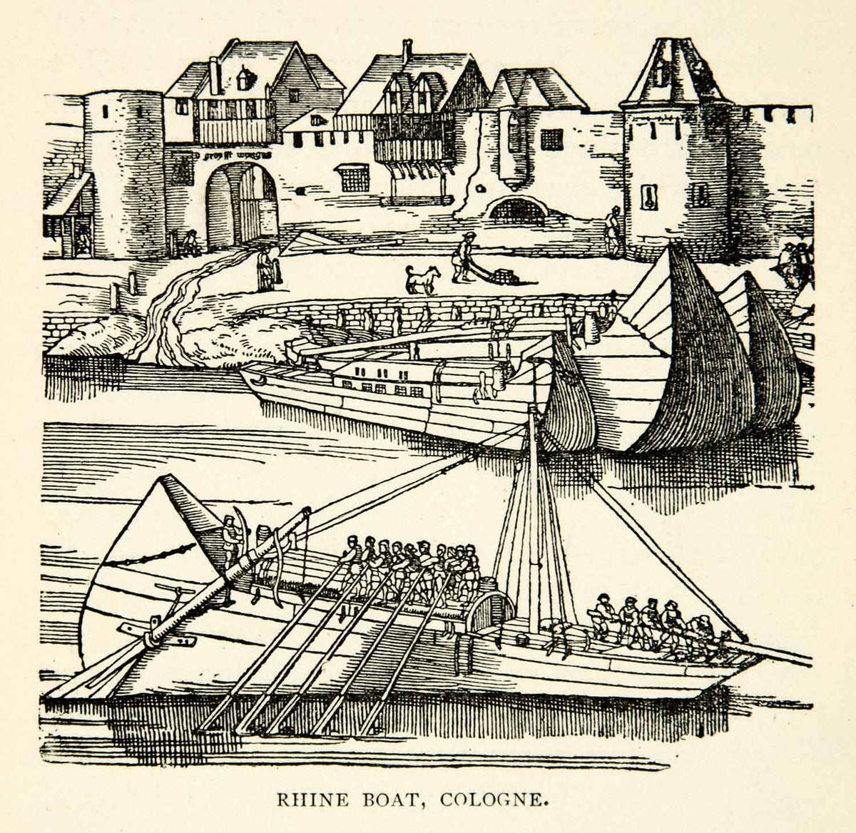 1893 Wood Engraving Rhine River Boat Ancient Medieval Cologne Germany ...