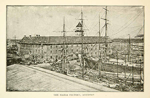 1893 Print Hansa Factory Shipping Yard Cityscape Antwerp Belgium Ship Sail XENA5