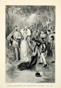 1912 Print Queen Elizabeth Sir Walter Raleigh English Royalty Puddle Cloak XENA7