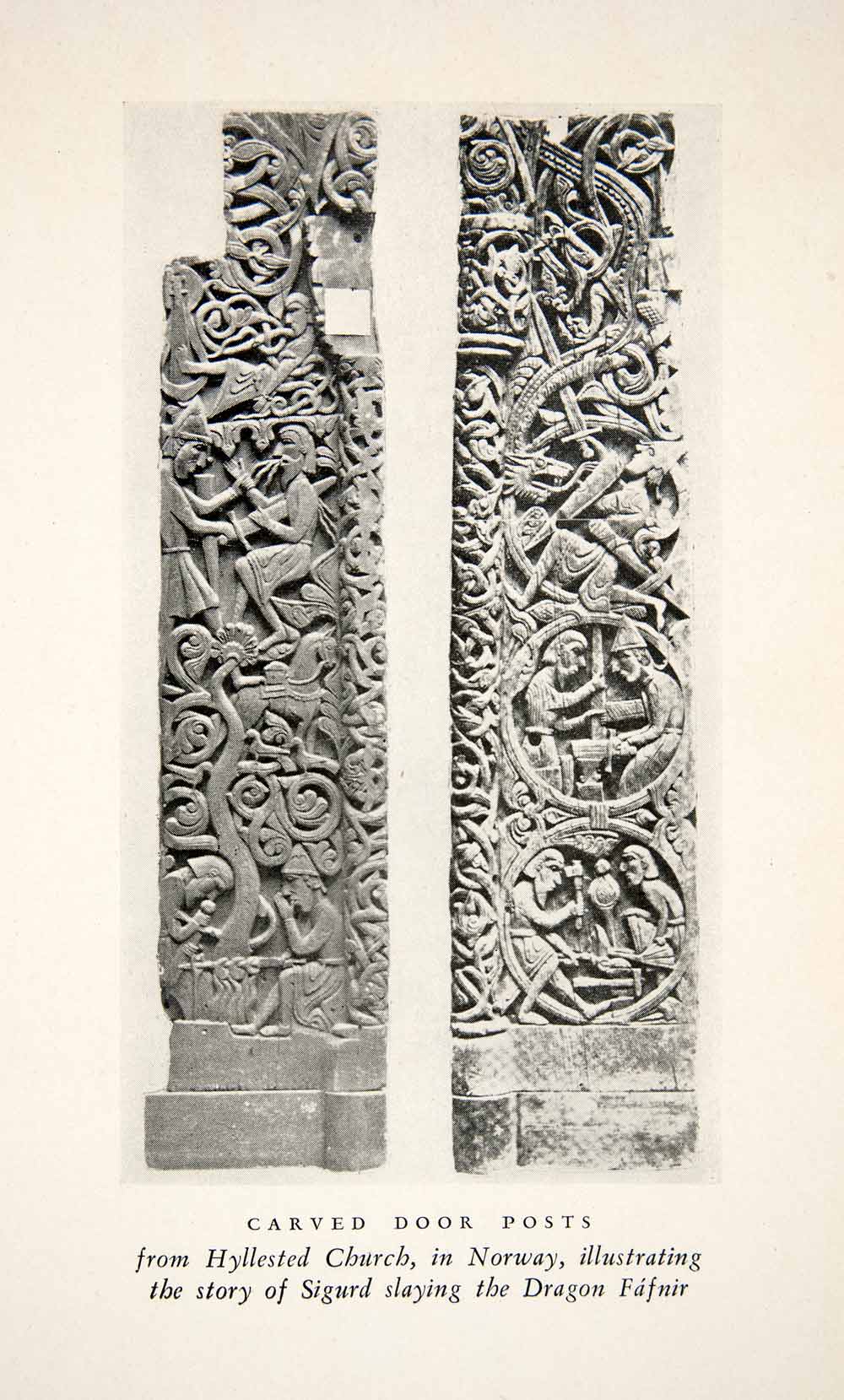 1930 Print Carved Door Posts Hyllested Church Norway Sigurd Slaying Dragon XEO4