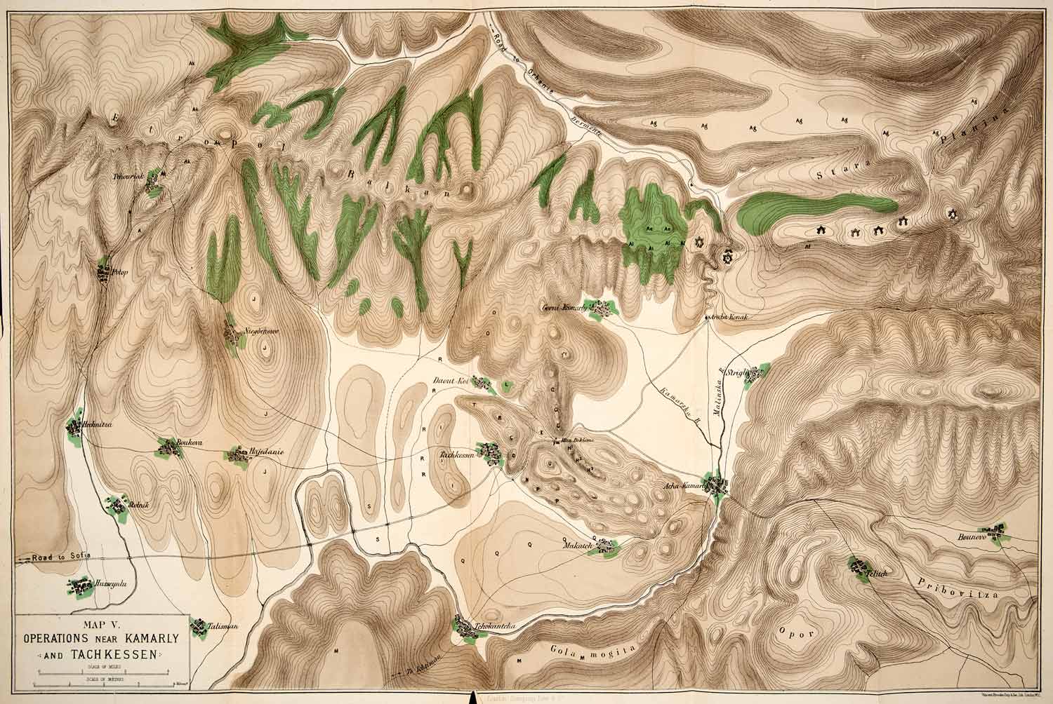 1879 Lithograph Map Russo-Turkish War Operations Kamarly Tachkessen XEO9