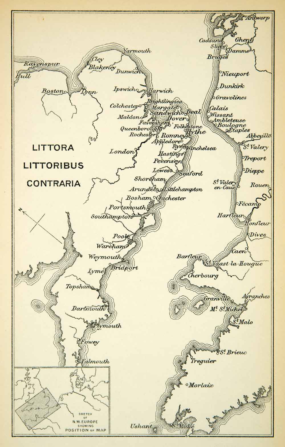 1904 Offset Lithograph Map England France Cherbourg Dover Calais Poole XEOA1