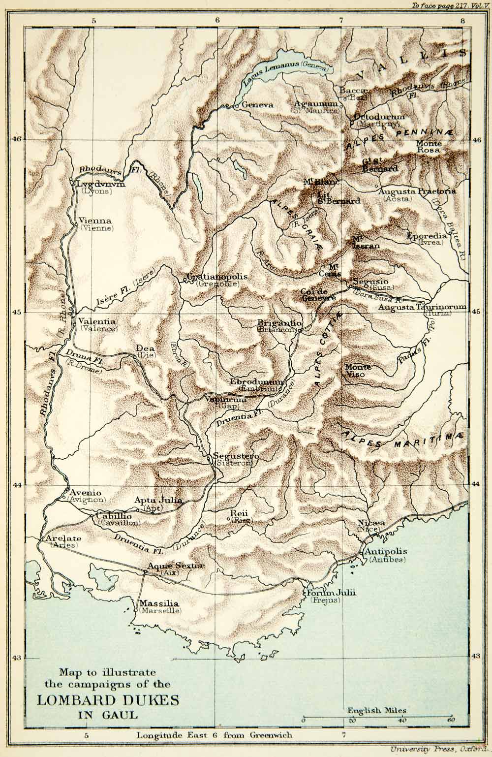 1895 Photolithographed Map Lombard Gaul Marseille Map Alps Maritime Lyons XEOA7