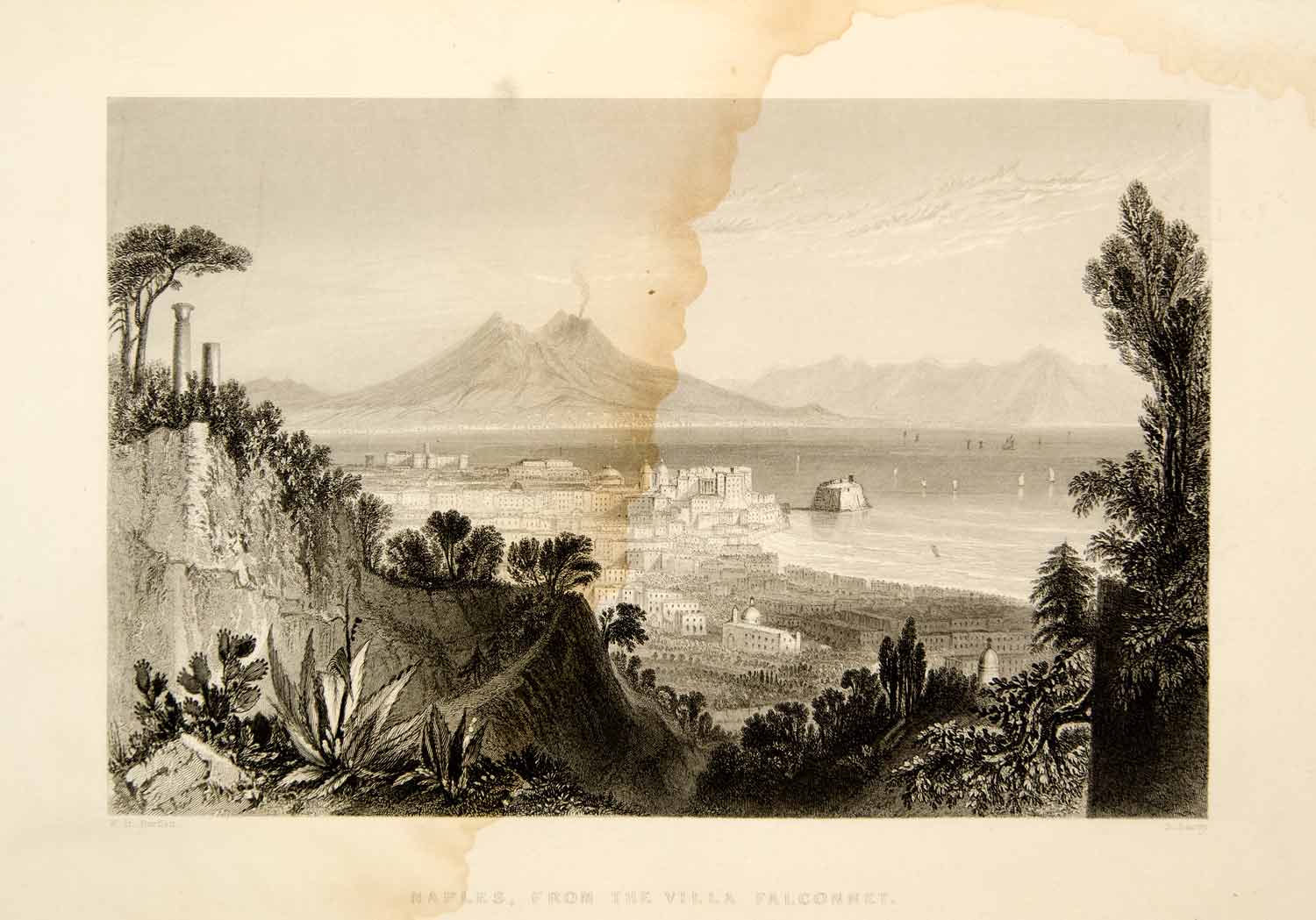 1861 Steel Engraving Cityscape Landscape Naples Villa Falconnet Italy XEOA8