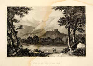 1861 Steel Engraving Castle Nufs Valley Aoste Italian Alps Landscape XEOA8
