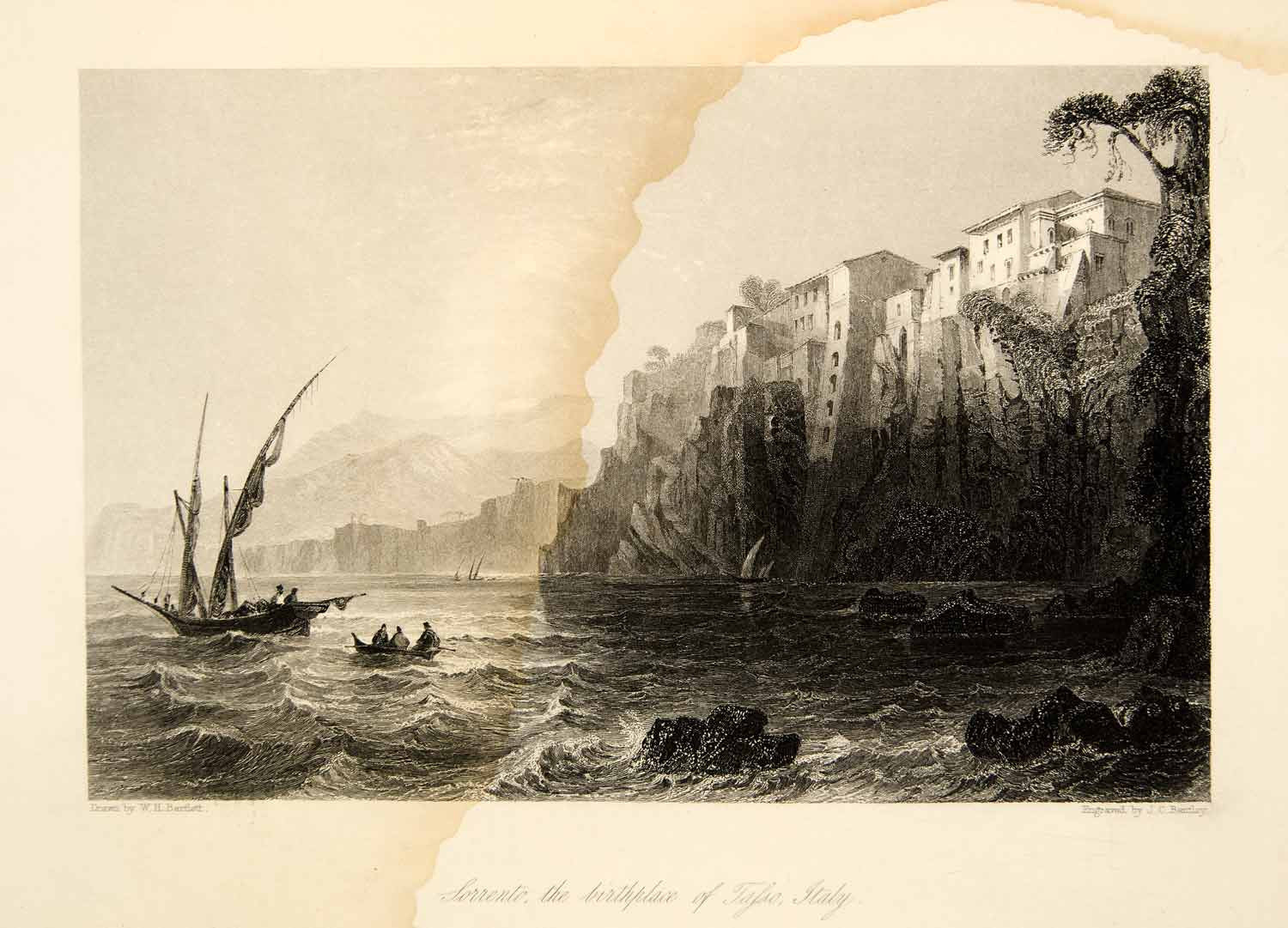 1861 Steel Engraving Sorrento Campania Italy Bay Naples Amalfi Boat XEOA8 - Period Paper
