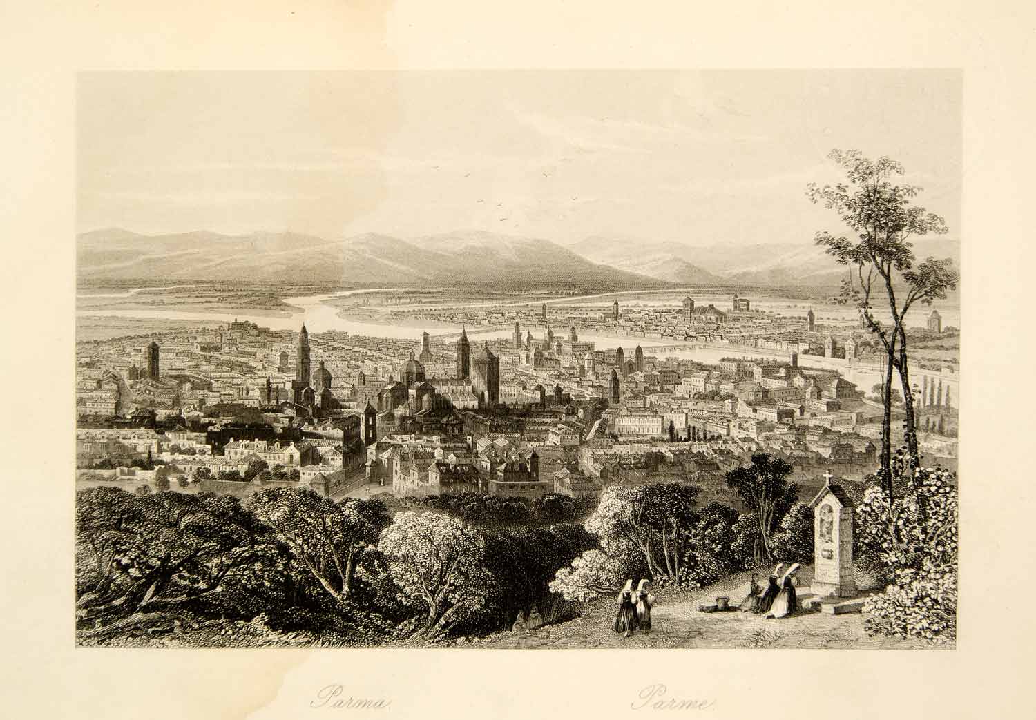 1861 Steel Engraving Cityscape Parma Italy Architecture Landscape Town XEOA8