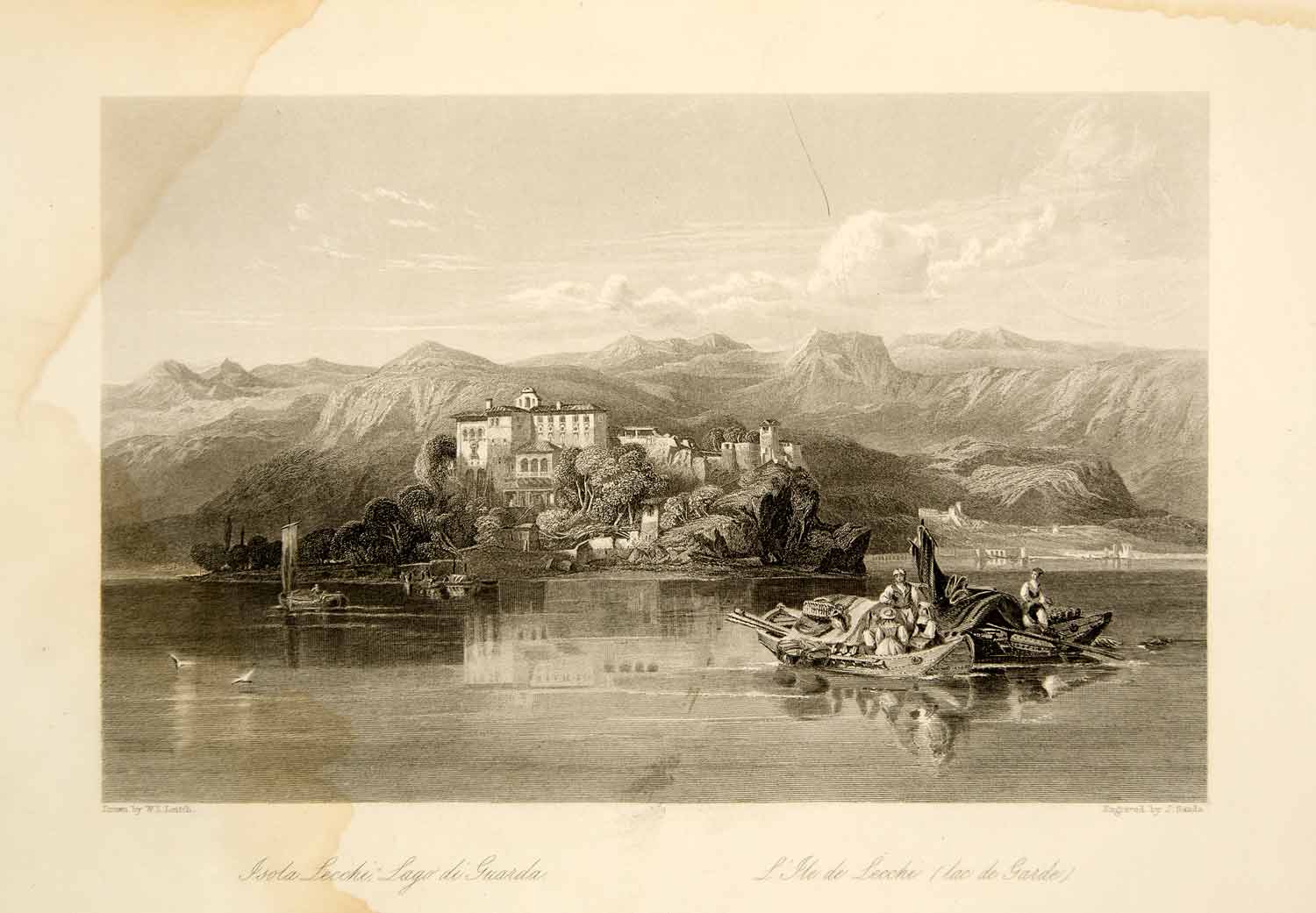 1861 Steel Engraving Isola Lecchi Lago Di Garda Lake Landscape Italy Boat XEOA8
