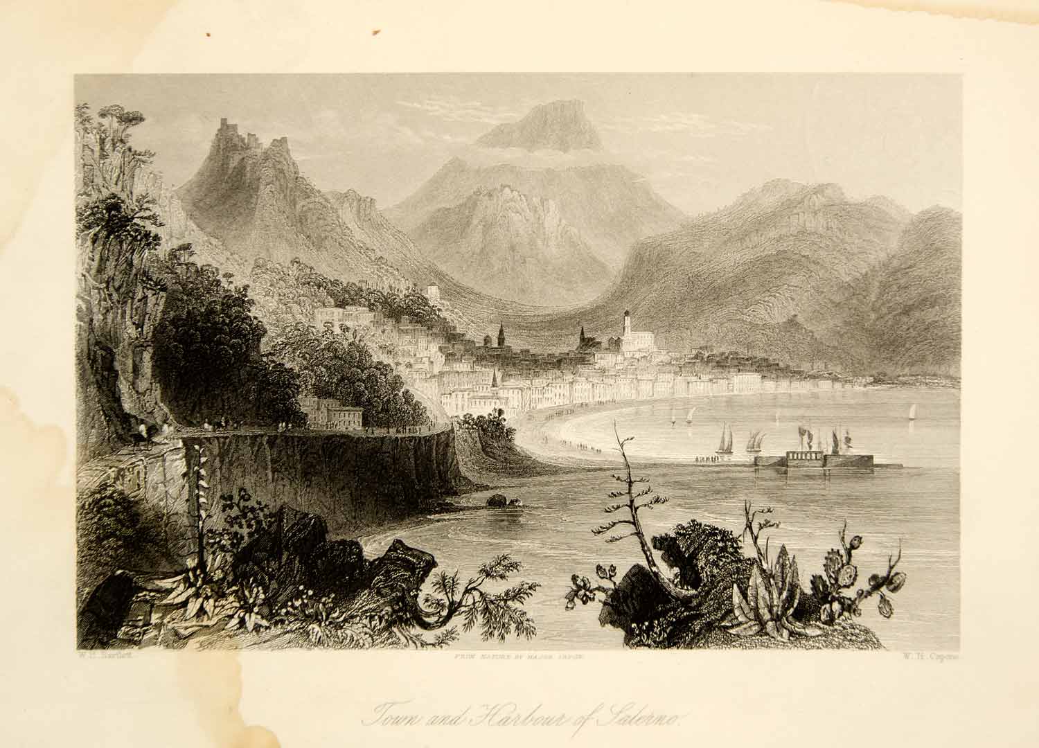 1861 Steel Engraving Town Harbor Gulf Salerno Tyrrhenian Sea Italy XEOA8