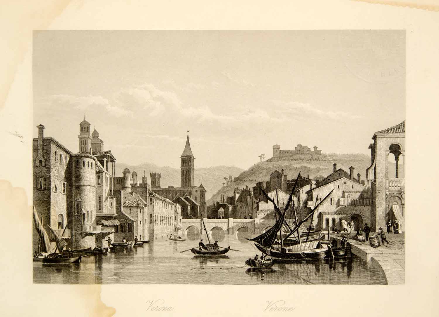 1861 Steel Engraving Verona Italy Cityscape Canal Gondola Bridge XEOA8