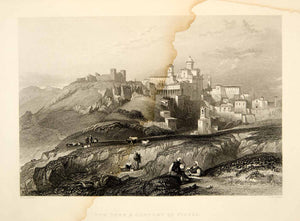 1861 Steel Engraving Town Convent Piazza Italy Malta Cityscape Landscape XEOA8