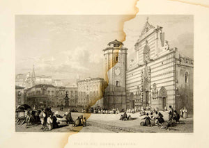 1861 Steel Engraving Piazza Duomo Messina Sicily Italy Architecture XEOA8