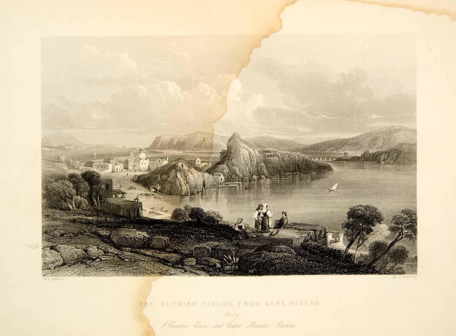 1861 Steel Engraving Elysian Fields Cape Miseno Italy Landscape Cityscape XEOA8