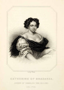 1876 Steel Engraving Catherine Braganza Queen Consort Portrait Portuguese XEOA9