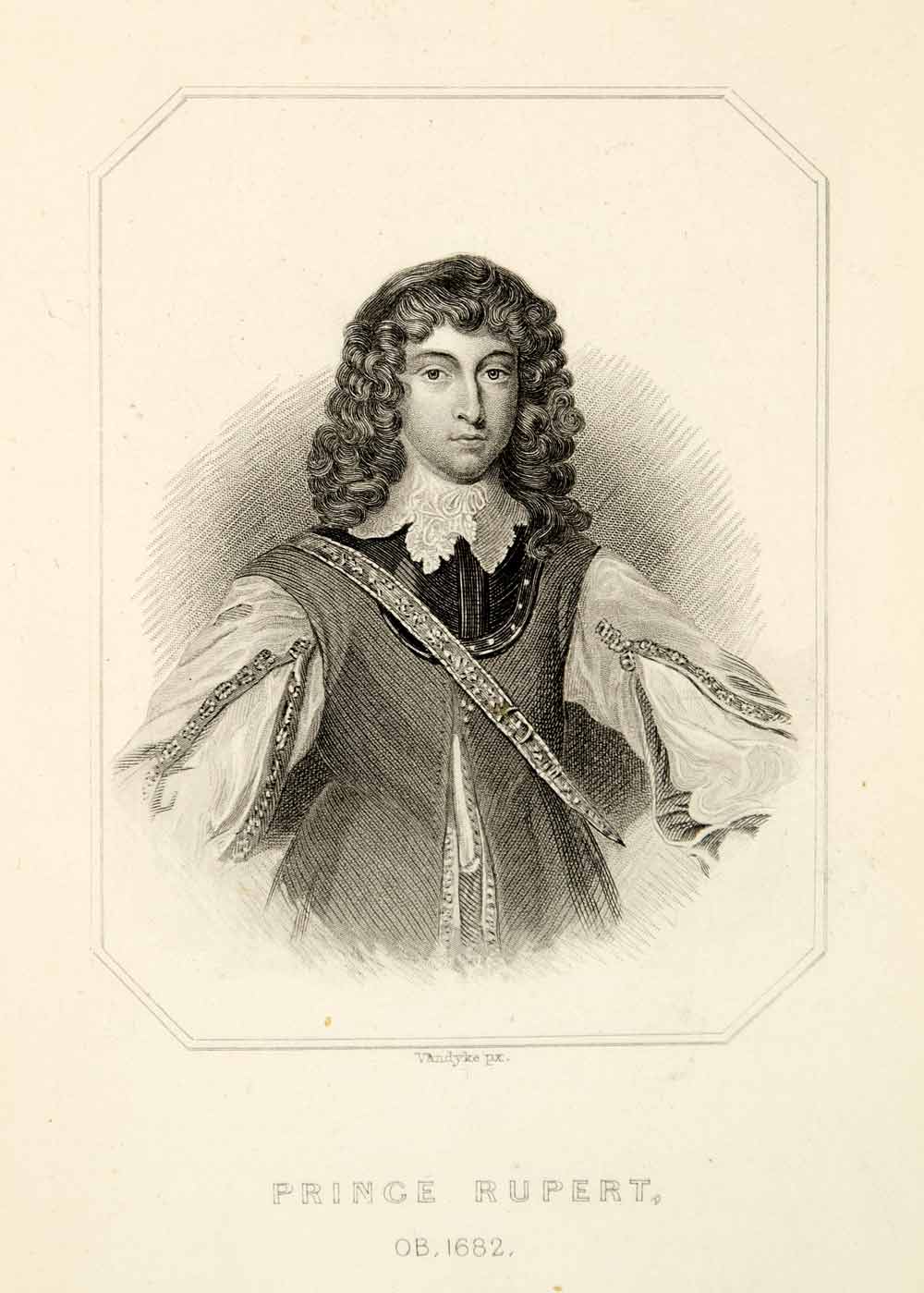 1876 Steel Engraving Prince Rupert Rhine Portrait 17th Century Nobility XEOA9