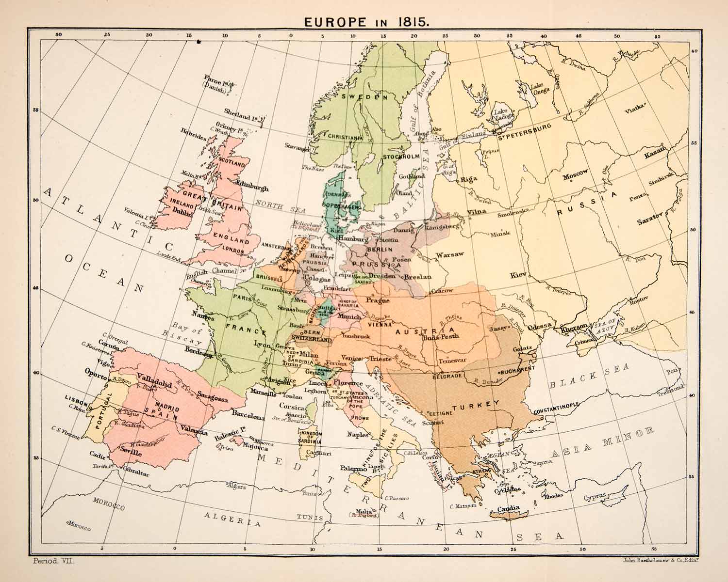 1897 Print Map Europe 1815 Great Britain France Spain Prussia Netherlands XEP1