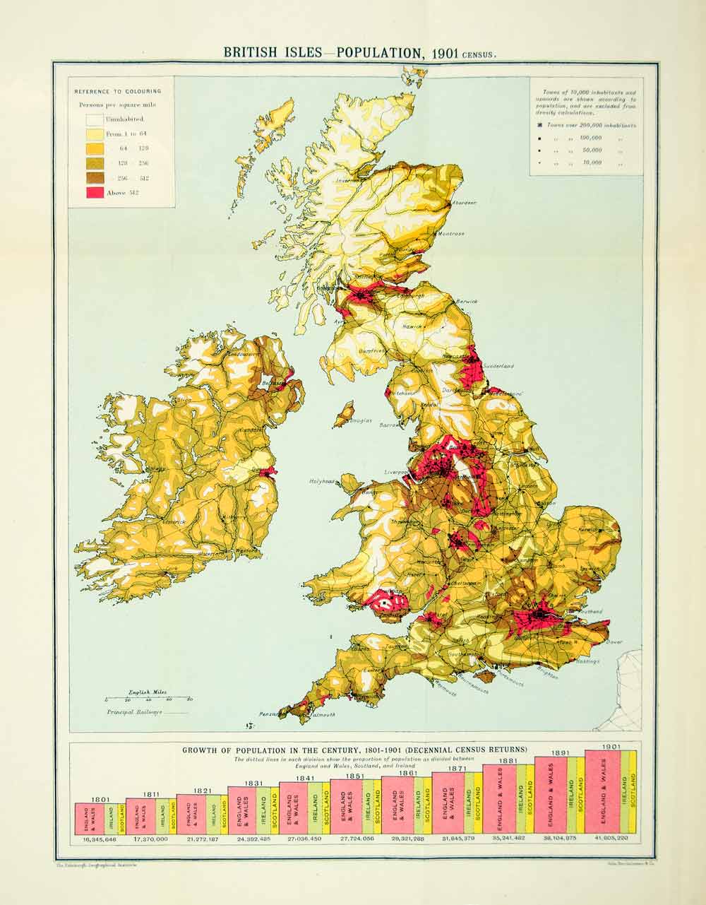 1913 Color Offset Lithograph Map British Isles Population Census Sheffield XEPA1