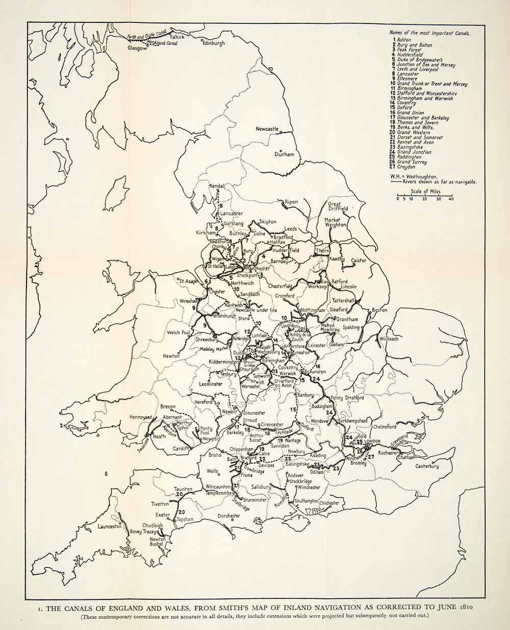 1958 Print Map England Wales United Kingdom Britain Canals Route Ashton XEQ1