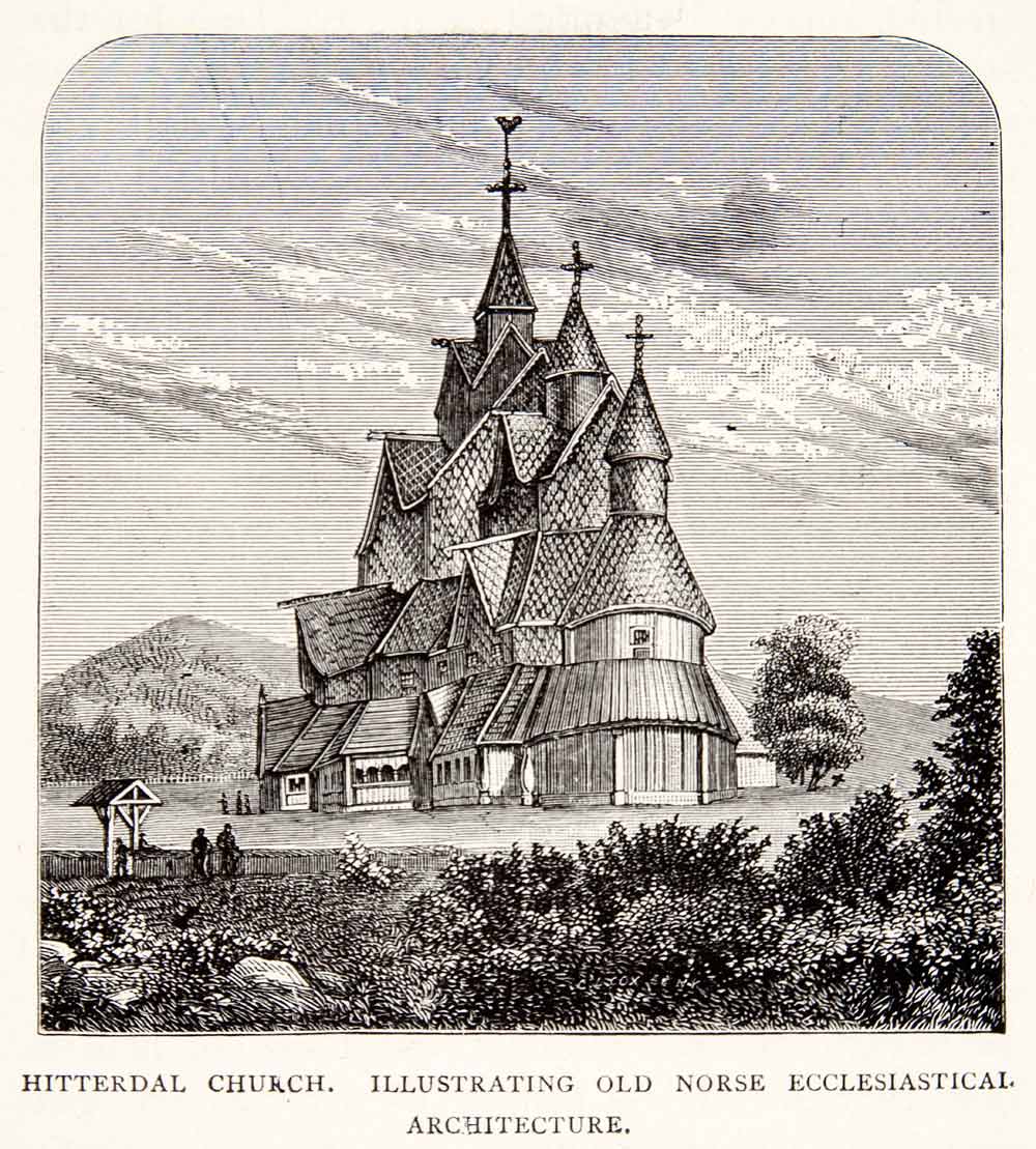 1901 Print Heddel Stave Church Norse Ecclesiastical Architecture Notodden XEQ5