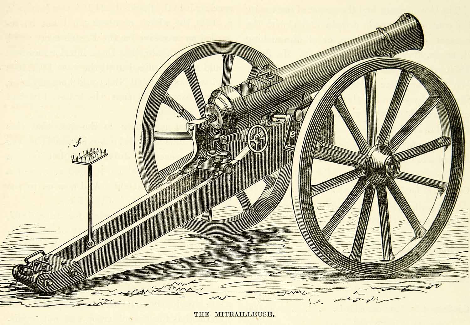 1884 Wood Engraving Mitrailleuse French Machine Gun Franco-Prussian War XEQA2