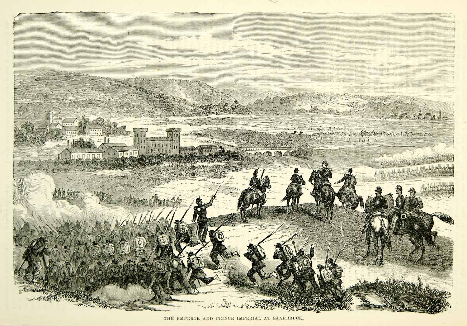 1884 Wood Engraving Franco-Prussian War Battle Saarbruck Spicheren Germany XEQA2