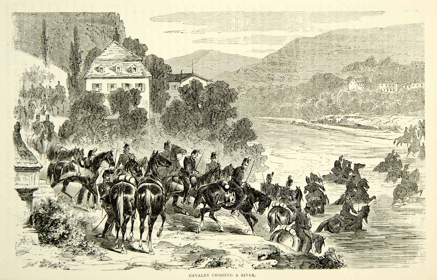 1884 Wood Engraving Franco-Prussian War Calvary River Crossing Military XEQA2