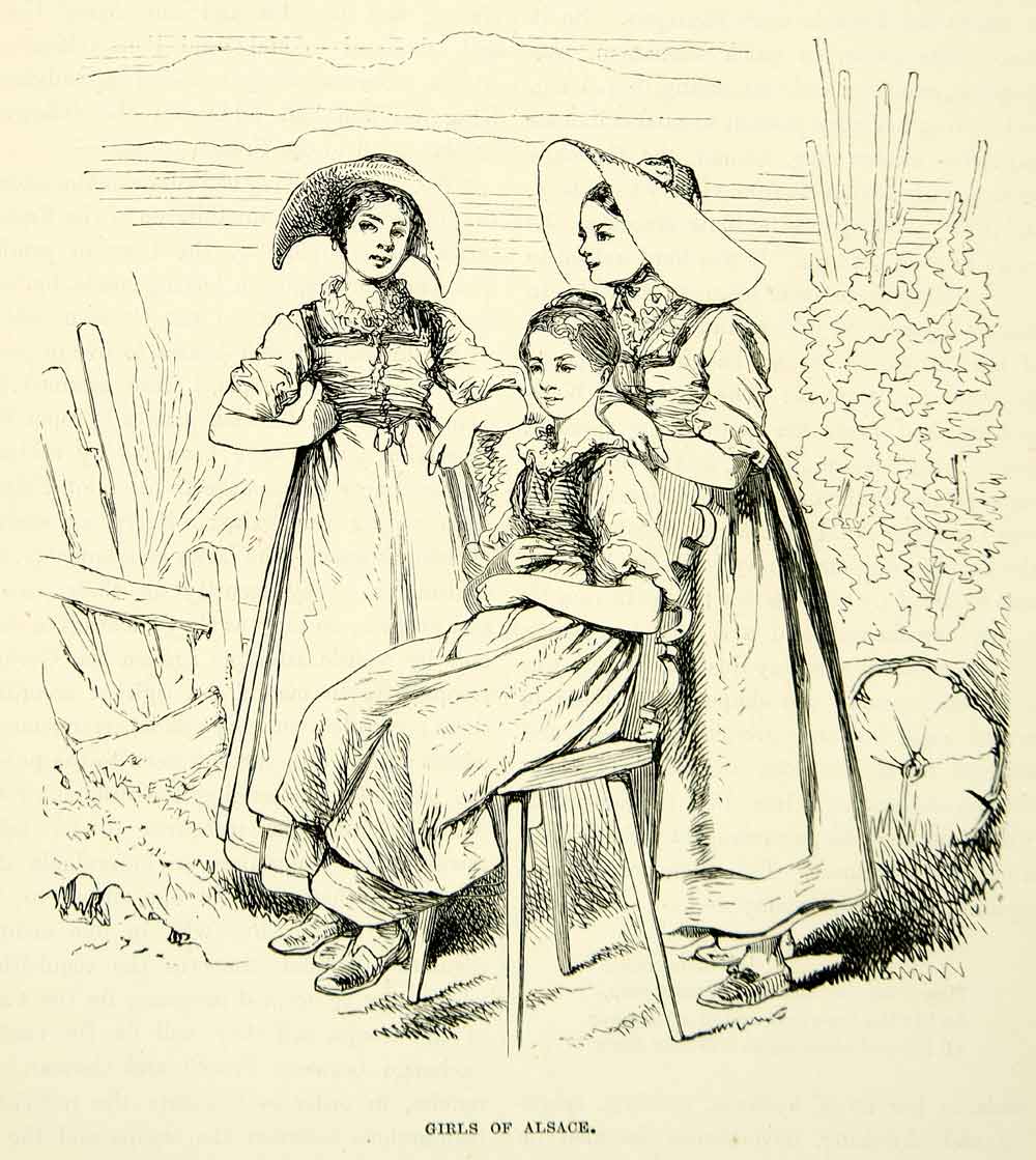 1884 Wood Engraving Art French Girls Alsace Europe Female Pose Children XEQA2
