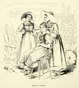 1884 Wood Engraving Art French Girls Alsace Europe Female Pose Children XEQA2