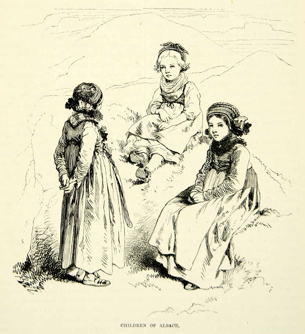 1884 Wood Engraving Children Girls Alsace France Portrait Pose Art Europe XEQA2