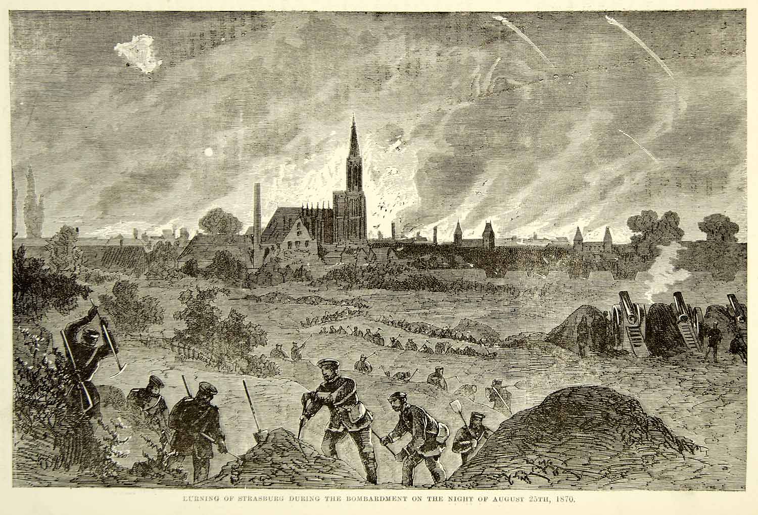 1884 Wood Engraving Siege Strasbourg France Bombardment Franco-Prussian XEQA2