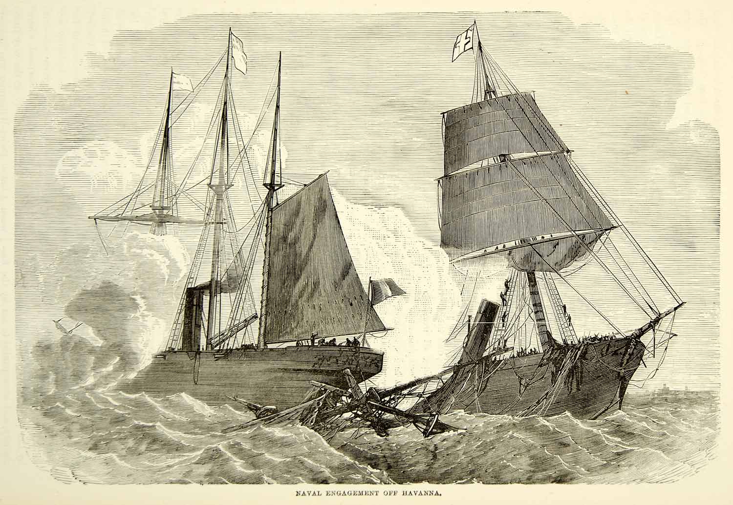 1884 Wood Engraving Sailing Ship Naval Battle Ocean Engagement Mast Cannon XEQA2
