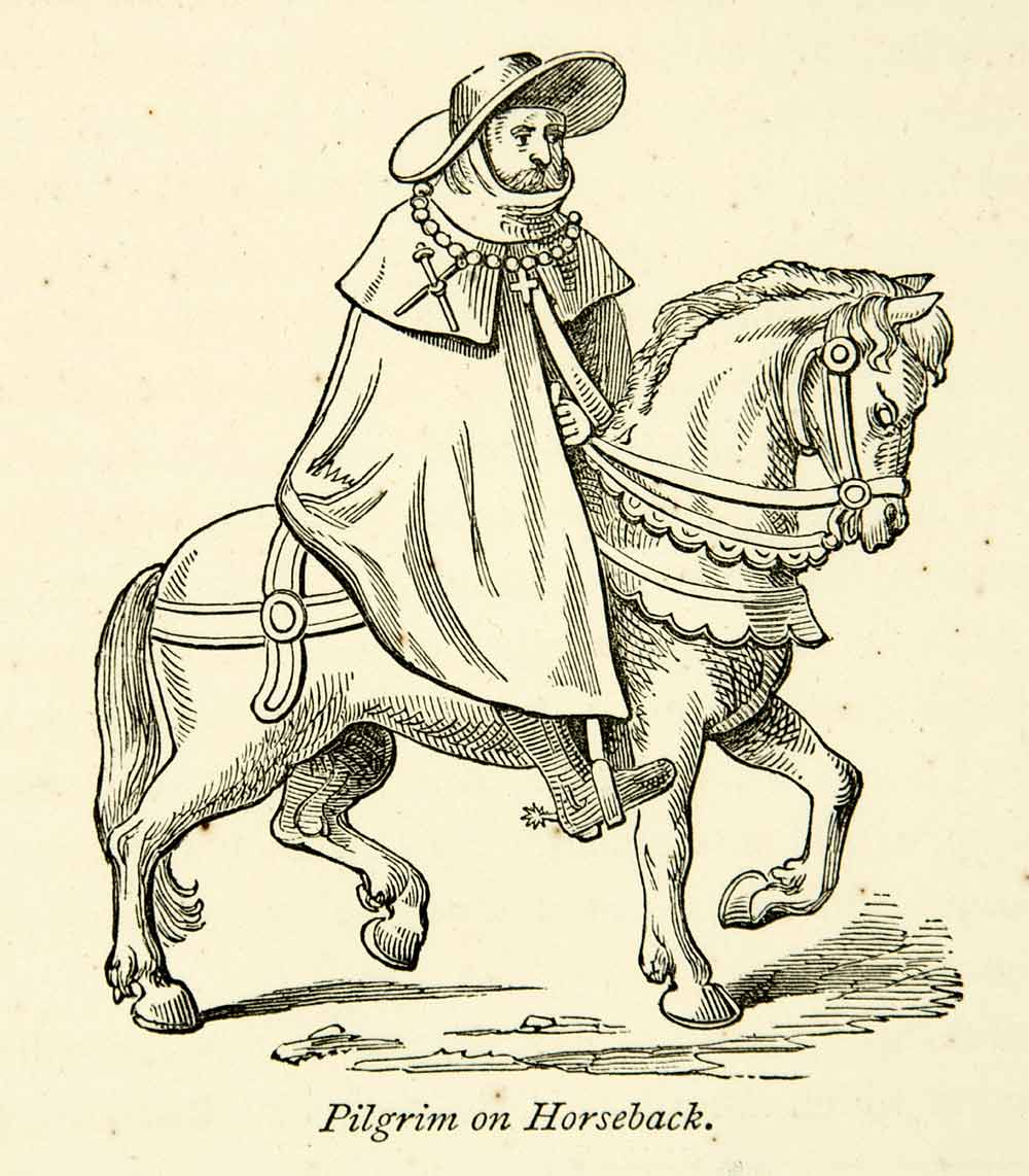 1872 Wood Engraving Roman Catholic Pilgrim Equestrian Horse Middle Ages XEQA3