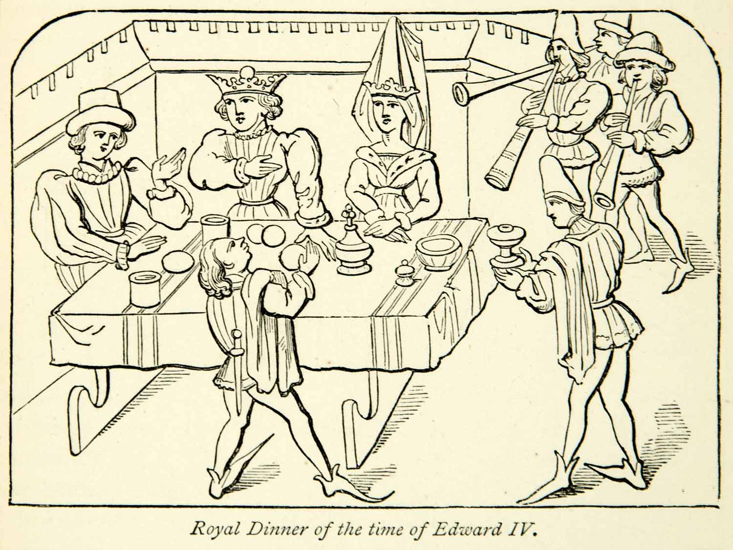 1872 Wood Engraving Royal Dinner King Edward IV England Medieval Herald XEQA3