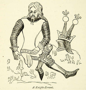 1872 Wood Engraving Knight Errant Chivalry Literature Medieval Art Armor XEQA3