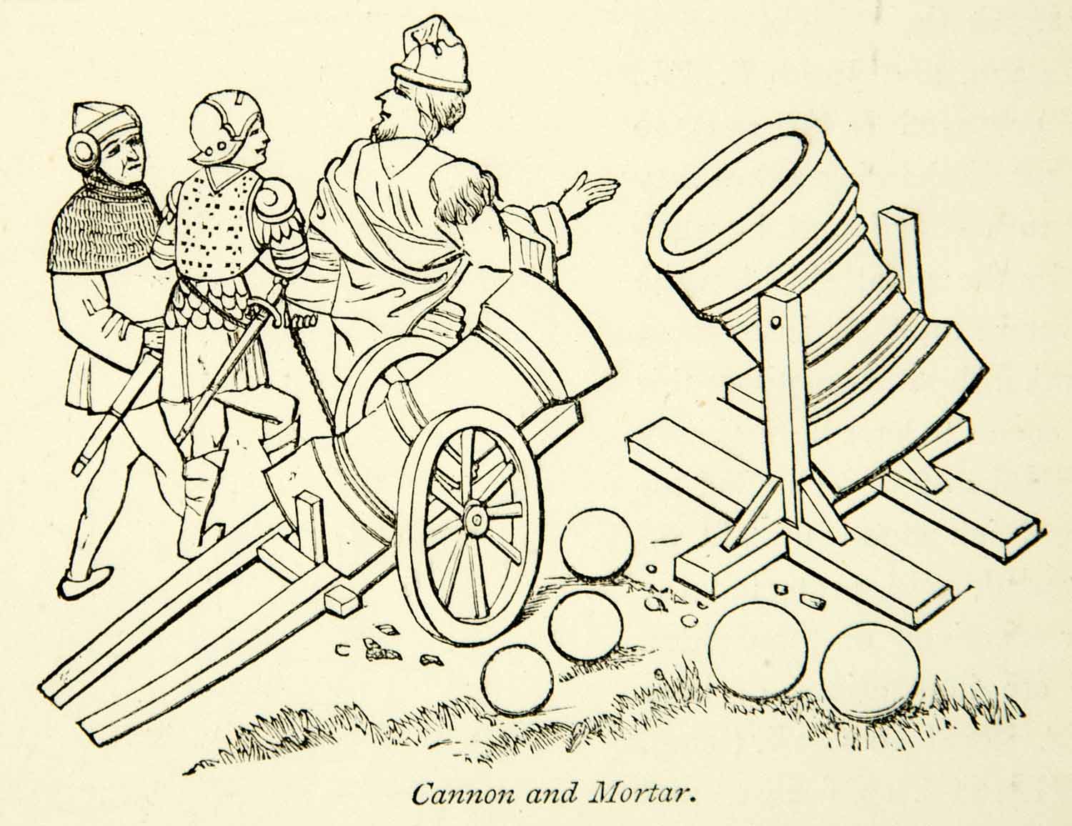 1872 Wood Engraving Medieval Cannon Mortar Siege Engineers Military Knight XEQA3