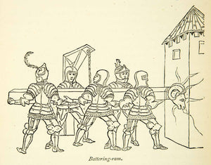 1872 Wood Engraving Medieval Battering Ram Siege Battle Assault Castle XEQA3