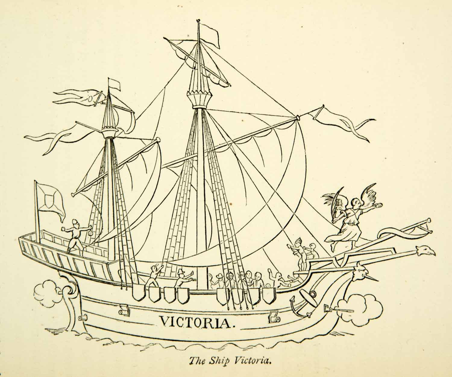 1872 Wood Engraving Ship Victoria Middle Ages Sail Cannon Stern Bulwark XEQA3