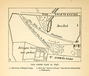 1872 Wood Engraving Map Green Park London Deer Arlington House James XEQA5