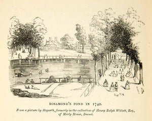 1872 Wood Engraving Rosamond Pond St James Park London Mall Walkway Path XEQA5