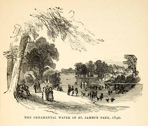 1872 Wood Engraving Water Pond Lake Landscape James Park London England XEQA5