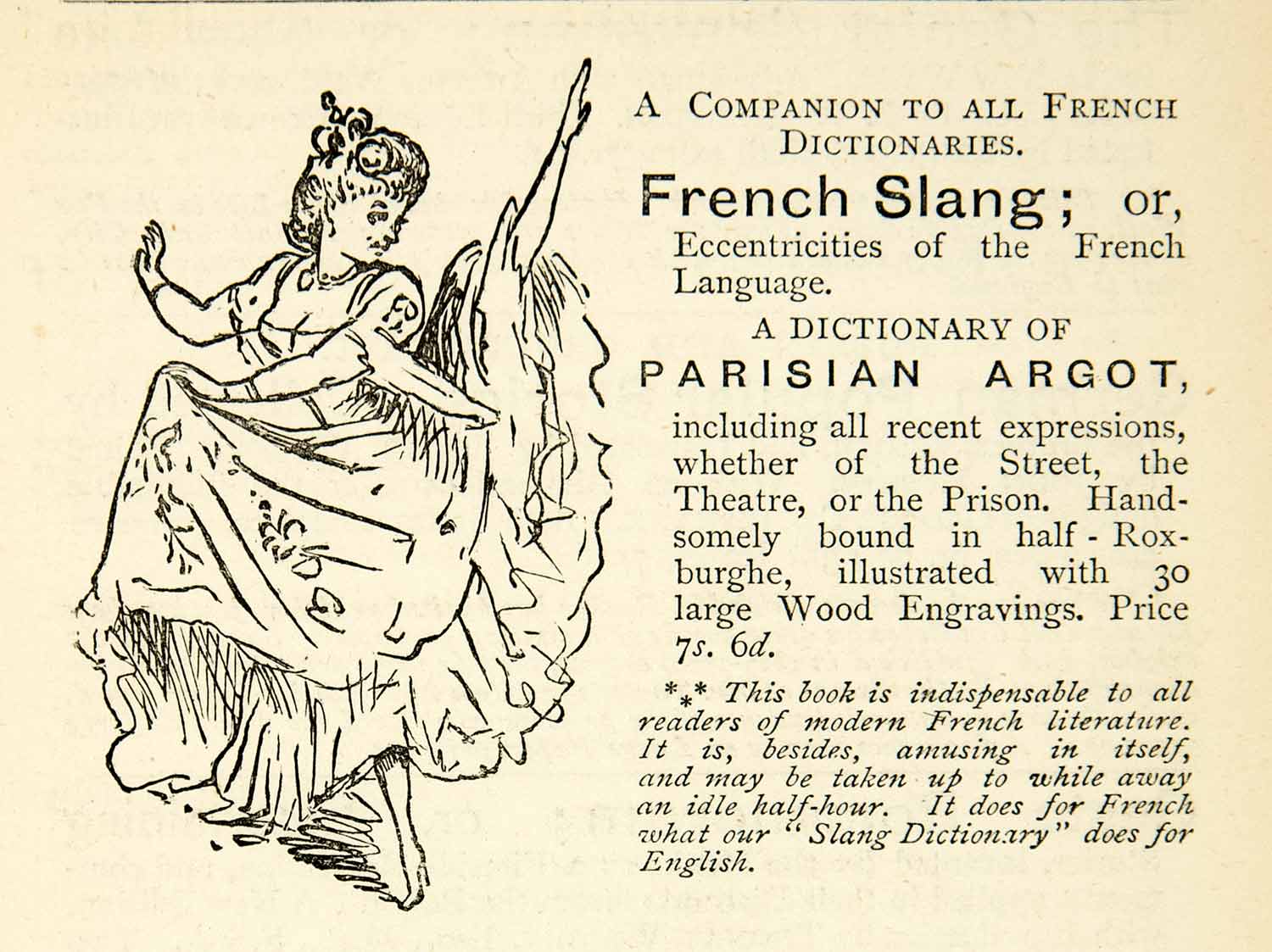 1872 Ad Companion French Dictionary Slang Language Woman Dance Costume XEQA5