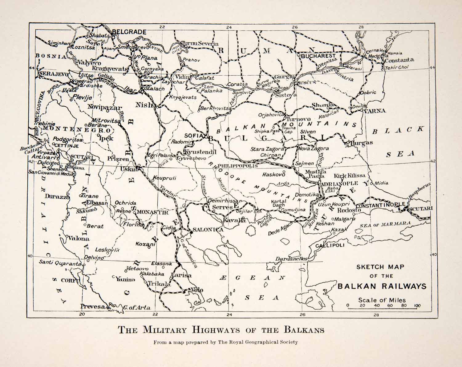 1918 Print Map Military Highways Balkans Black Sea Bulgaria Aegean Nish XER4