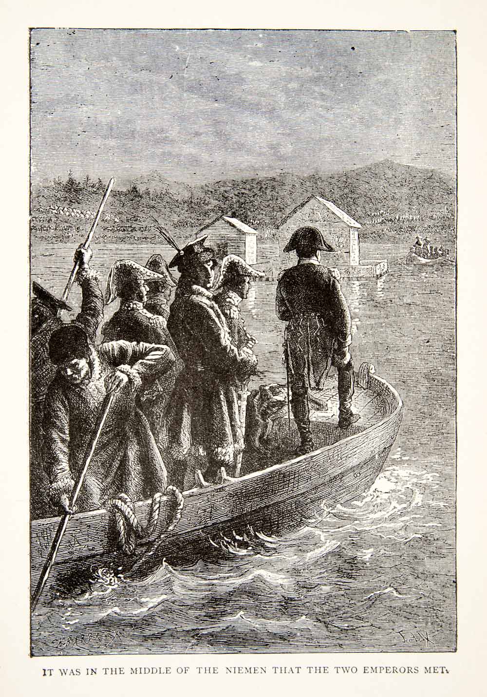 1904 Print Wood Engraving Napoleon Tsar Alexander I Niemen River Boat XER7