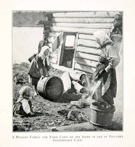 1921 Print Peasant Cabin Shore Finland Lake Water Women Child Baltic XES3
