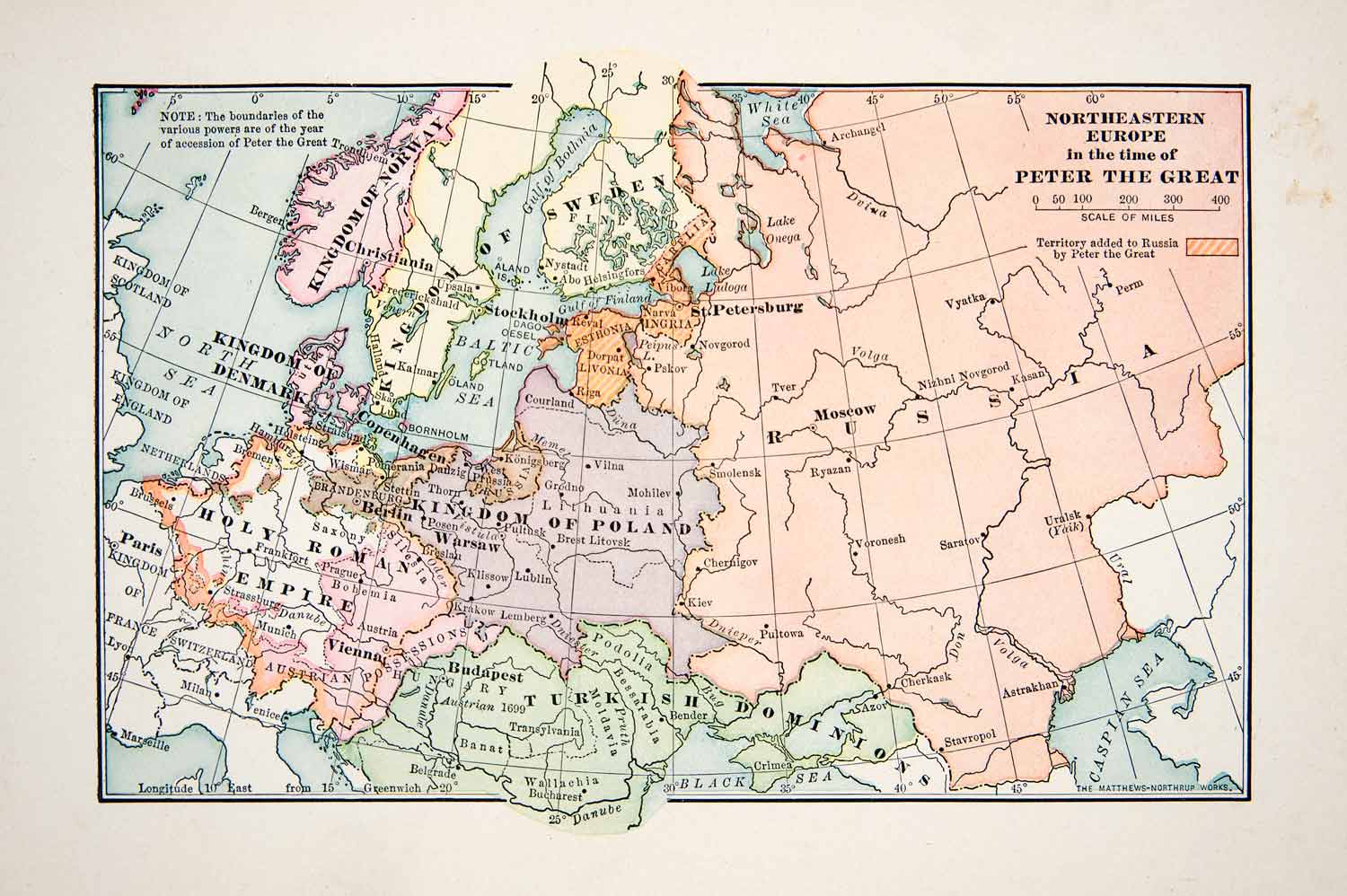 1907 Print Map Northeastern Europe Peter Great Russia Poland Sweden Empire XES5