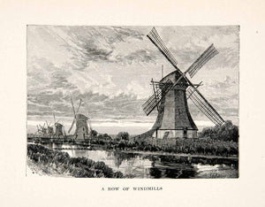1894 Print Row Windmills Holland Netherlands Water Land Mill Energy Sails XES6