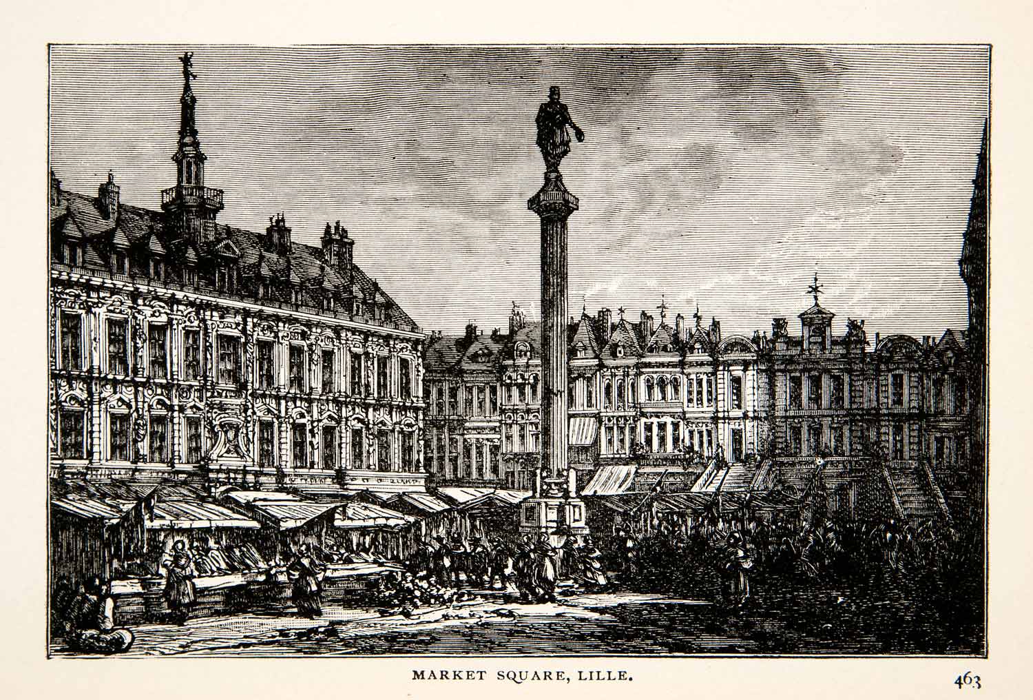 1903 Print Market Square Lille Statue France Belgium Nord Department XET5