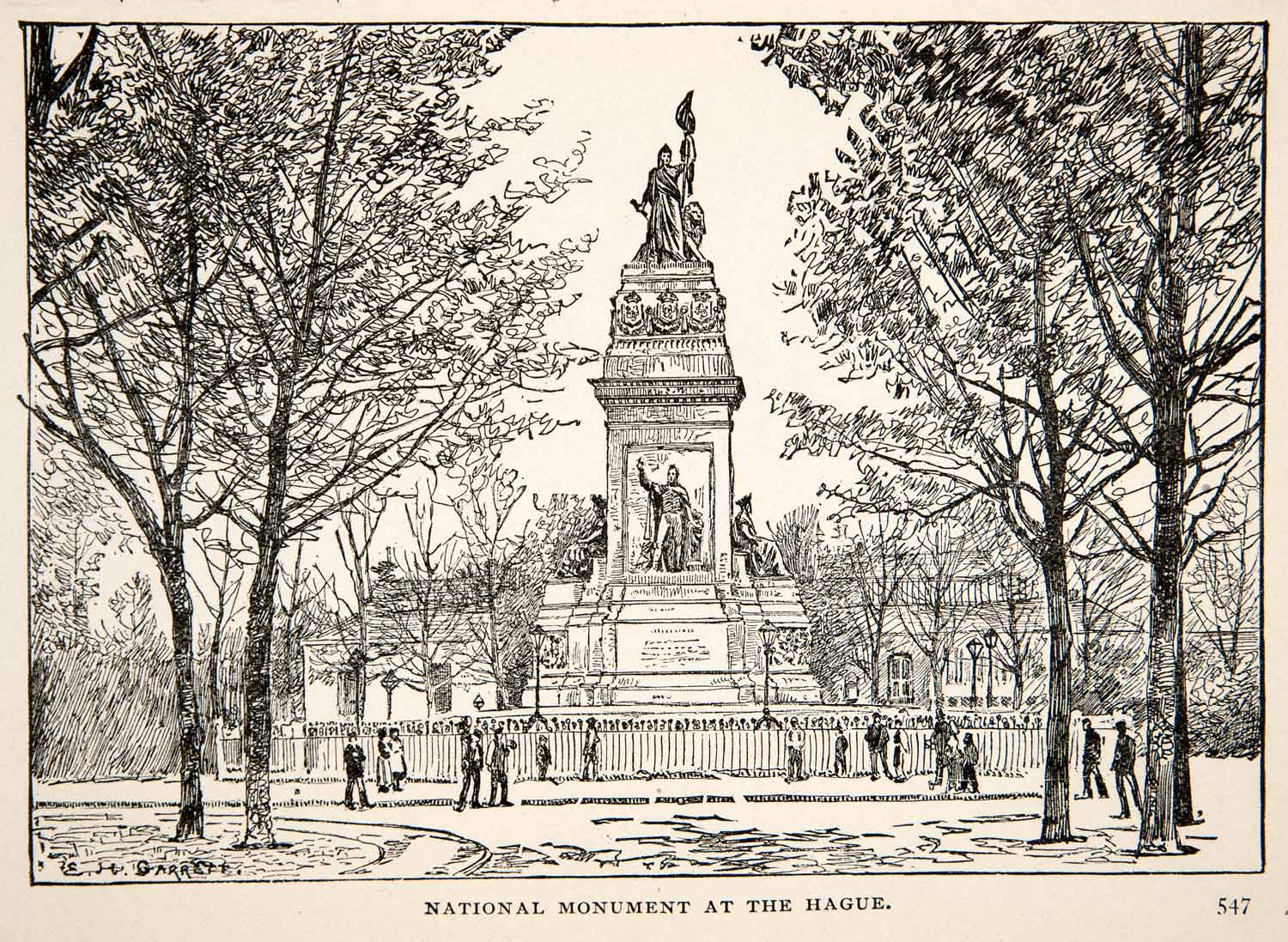 1903 Print National Monument Hague Statue Trees Netherlands South Holland XET5